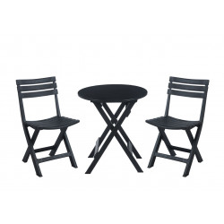 Ensemble Jardin Pliable Noir IGOR – Table Ronde & 2 Chaises – Anti-UV