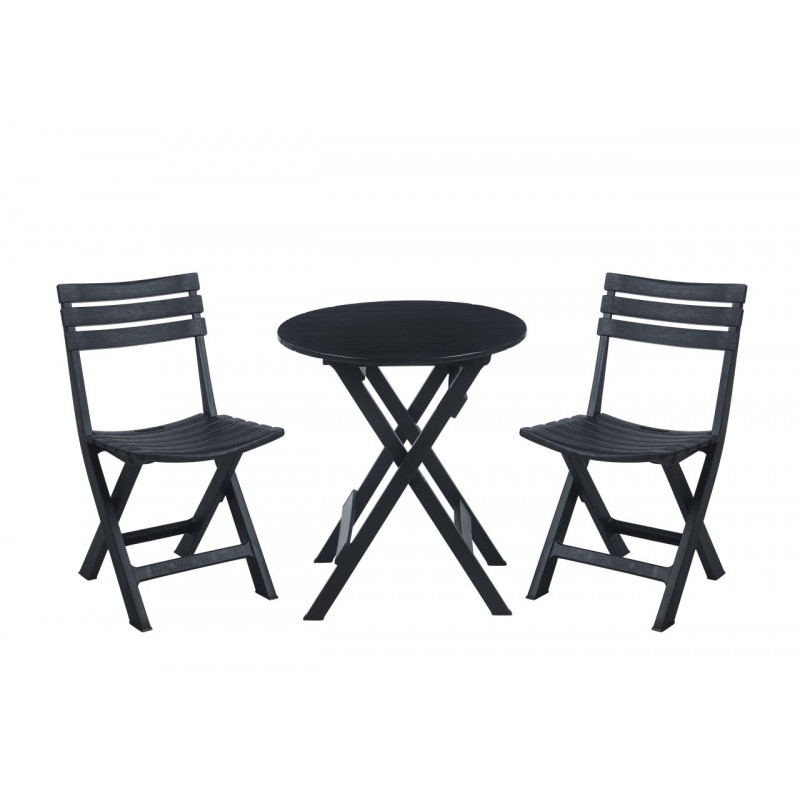 Ensemble Jardin Pliable Noir IGOR – Table Ronde & 2 Chaises – Anti-UV