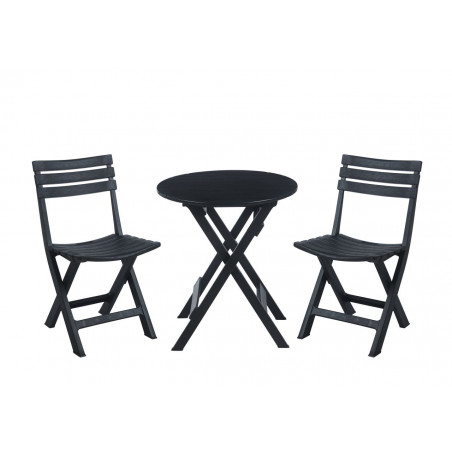 Ensemble Jardin Pliable Noir IGOR – Table Ronde & 2 Chaises – Anti-UV