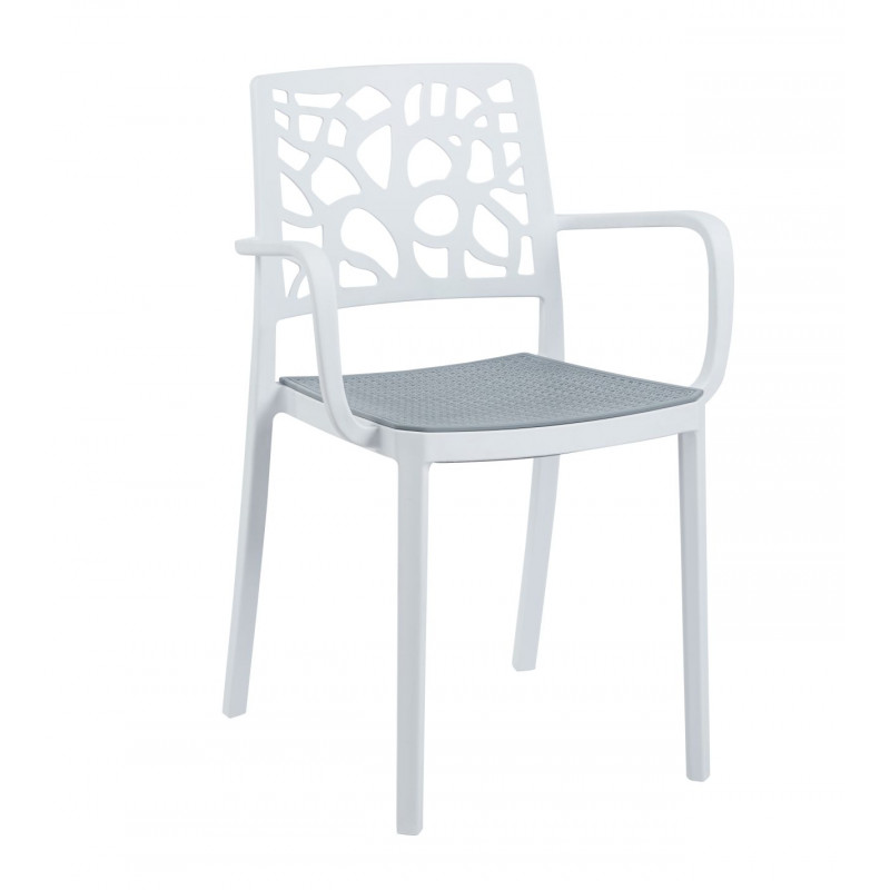 Chaise Blanc & Gris Ajourée – Design Empilable avec Accoudoirs