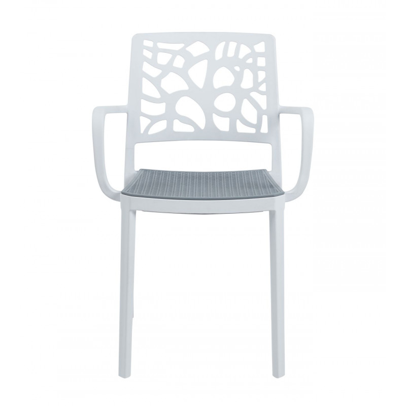 Chaise Blanc & Gris Ajourée – Design Empilable avec Accoudoirs