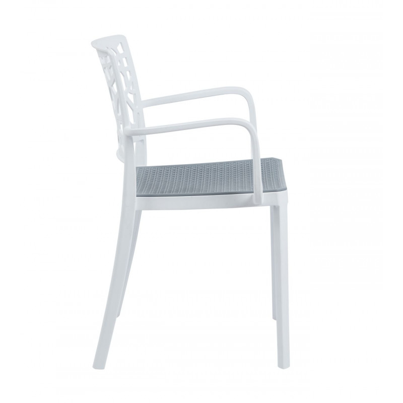 Chaise Blanc & Gris Ajourée – Design Empilable avec Accoudoirs