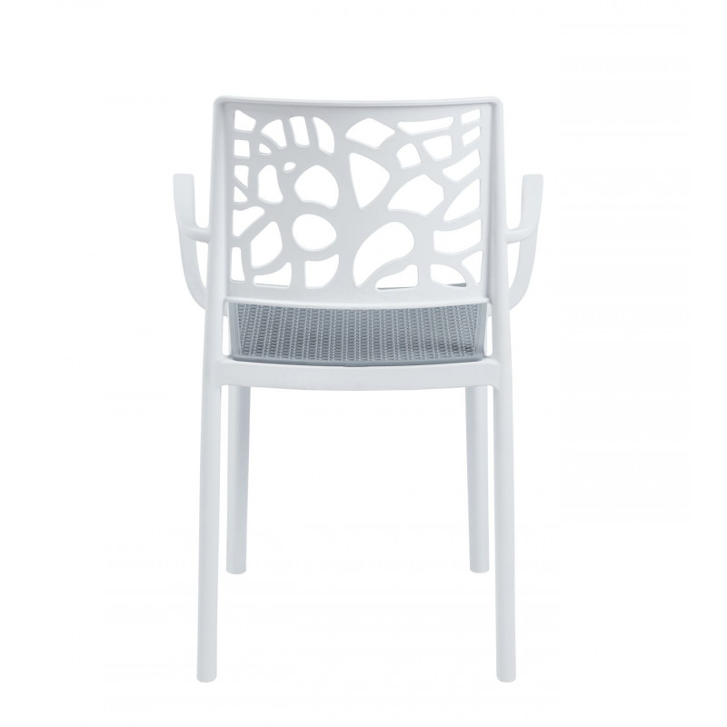 Chaise Blanc & Gris Ajourée – Design Empilable avec Accoudoirs