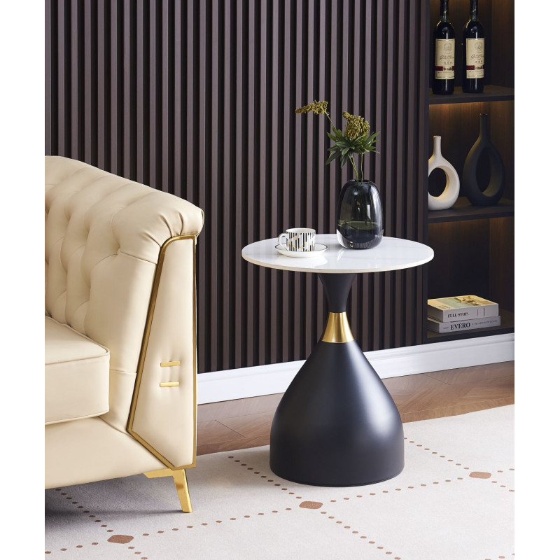 Table d’Appoint ConeMarbre 50 cm – Aspect Marbre Blanc & Pied Noir Doré | Golddeco