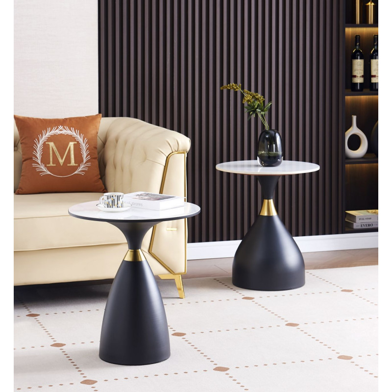 Table d’Appoint ConeMarbre 50 cm – Aspect Marbre Blanc & Pied Noir Doré H56 | Golddeco