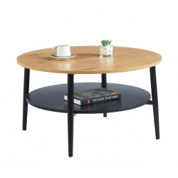 Table Basse Ronde 80 cm – Aspect Chêne & Noir avec Étagère | Golddeco