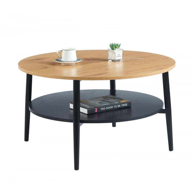 Table Basse Ronde 80 cm – Aspect Chêne & Noir avec Étagère | Golddeco