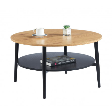 Table Basse Ronde 80 cm – Aspect Chêne & Noir avec Étagère | Golddeco