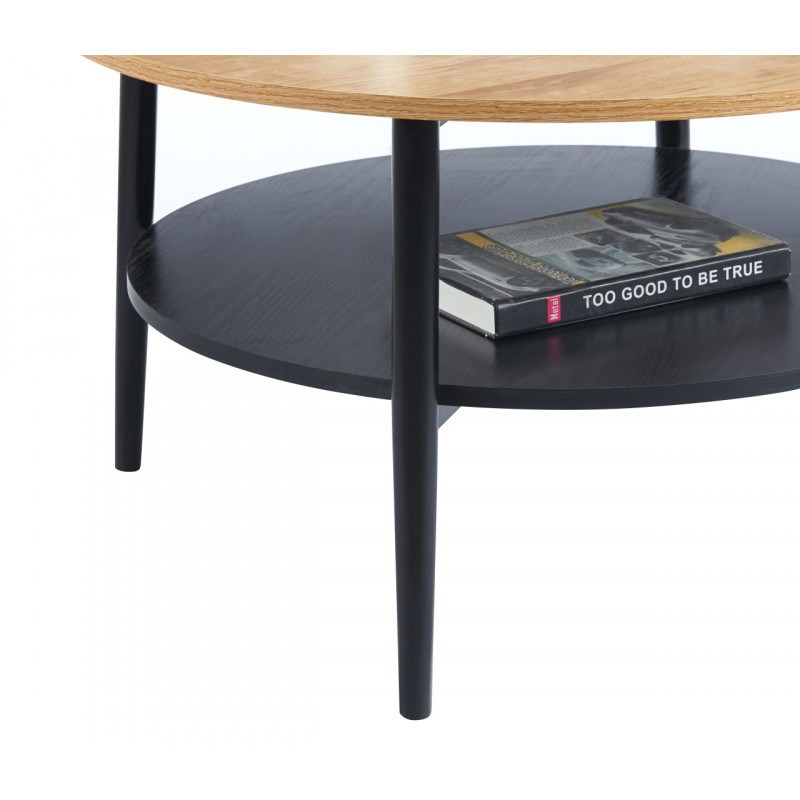 Table Basse Ronde 80 cm – Aspect Chêne & Noir avec Étagère | Golddeco
