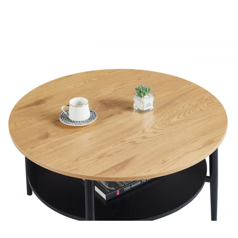 Table Basse Ronde 80 cm – Aspect Chêne & Noir avec Étagère | Golddeco
