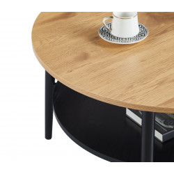 Table Basse Ronde 80 cm – Aspect Chêne & Noir avec Étagère | Golddeco