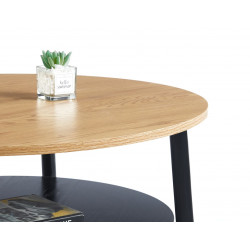 Table Basse Ronde 80 cm – Aspect Chêne & Noir avec Étagère | Golddeco