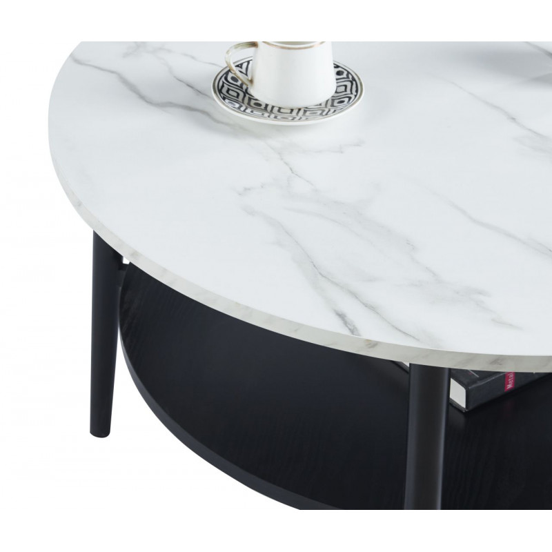 Table Basse 80 cm – Aspect Marbre Blanc & Noir avec Étagère | Golddeco
