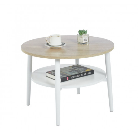 Table Basse Ronde 60 cm Chêne Sonoma & Blanc avec Étagère | Golddeco