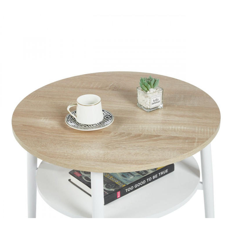 Table Basse Ronde 60 cm Chêne Sonoma & Blanc avec Étagère | Golddeco