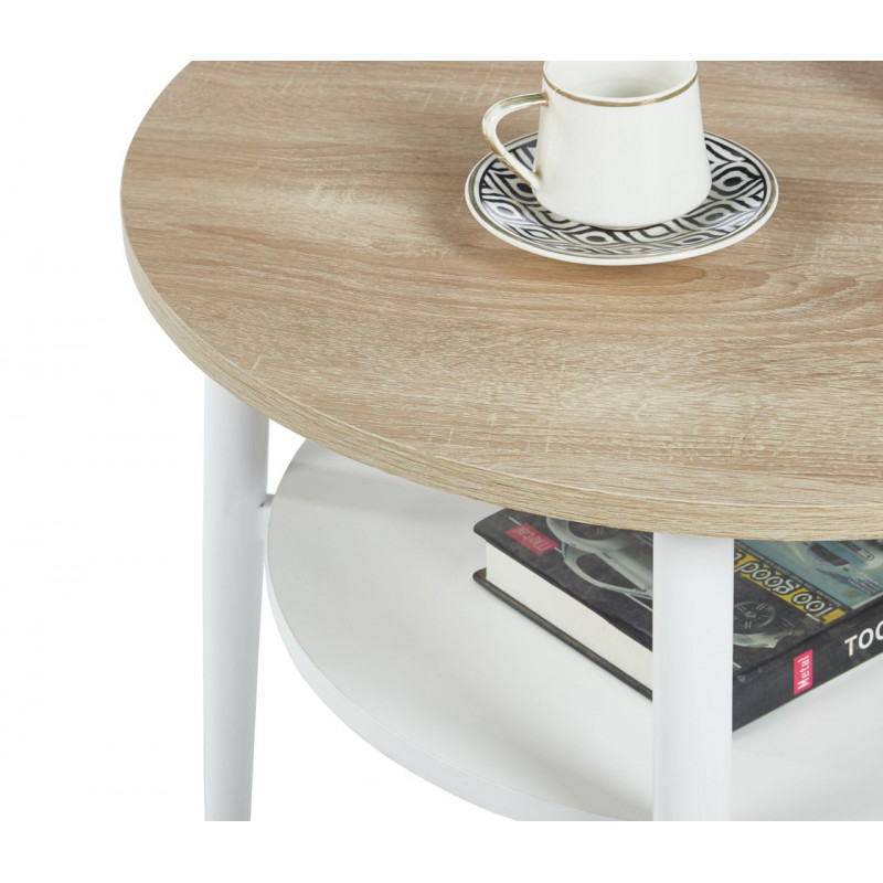 Table Basse Ronde 60 cm Chêne Sonoma & Blanc avec Étagère | Golddeco