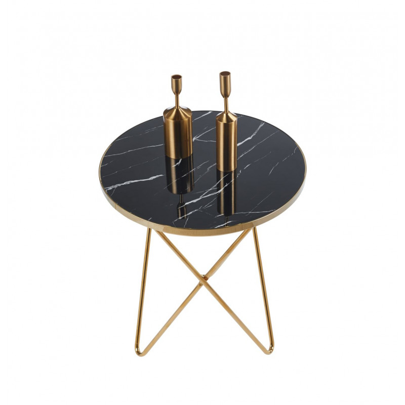 Table d’Appoint 50 cm – Plateau Aspect Marbre Noir & Pied Doré | Golddeco