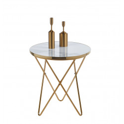 Table d’Appoint Aspect Marbre Blanc & Pied Doré – Design Épuré 50 | Golddeco