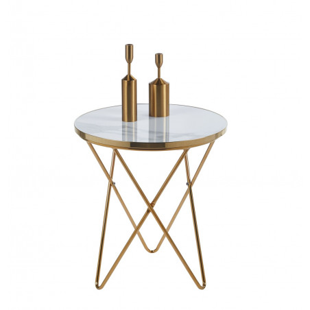 Table d’Appoint Aspect Marbre Blanc & Pied Doré – Design Épuré 50 | Golddeco