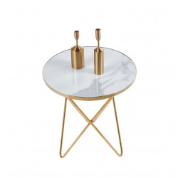 Table d’Appoint Aspect Marbre Blanc & Pied Doré – Design Épuré 50 | Golddeco