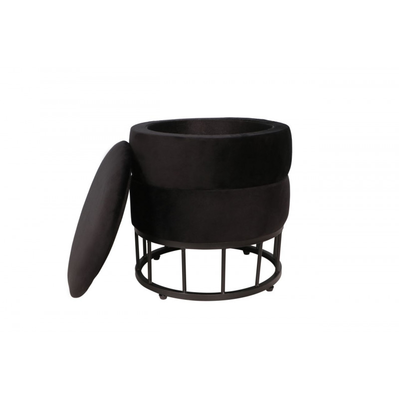 Pouf de rangement Akord – Velours noir & métal noir