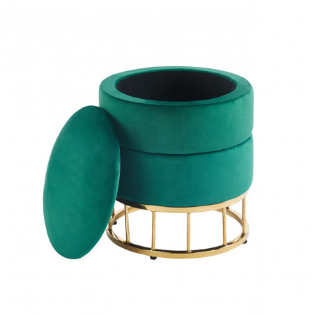 Pouf de rangement Akord – Velours vert & base dorée