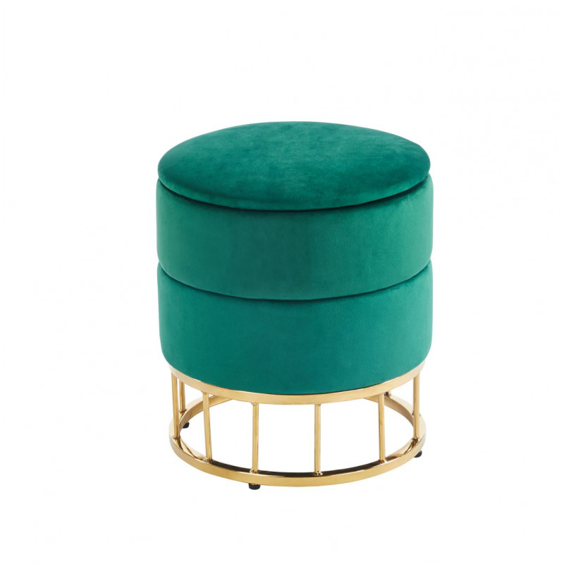 Pouf de rangement Akord – Velours vert & base dorée
