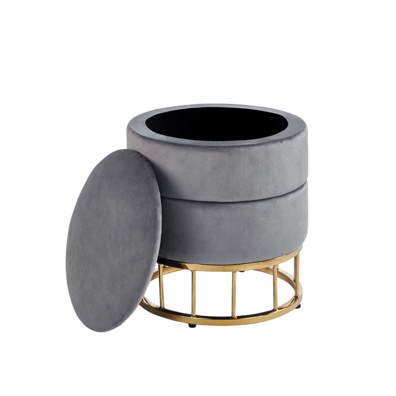 Pouf de rangement Akord – Velours gris & base dorée