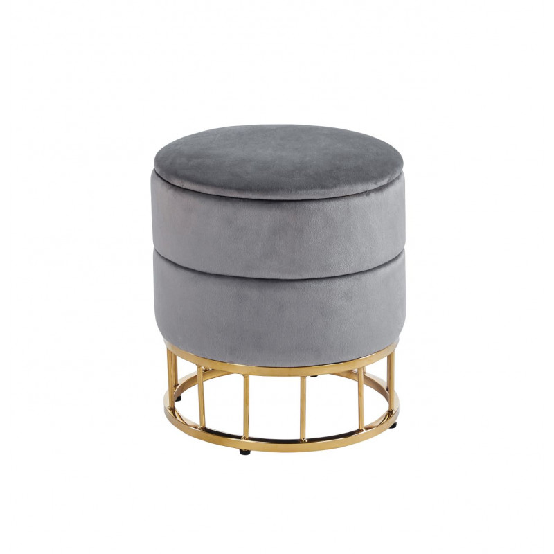 Pouf de rangement Akord – Velours gris & base dorée