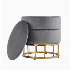 Pouf de rangement Akord – Velours gris & base dorée