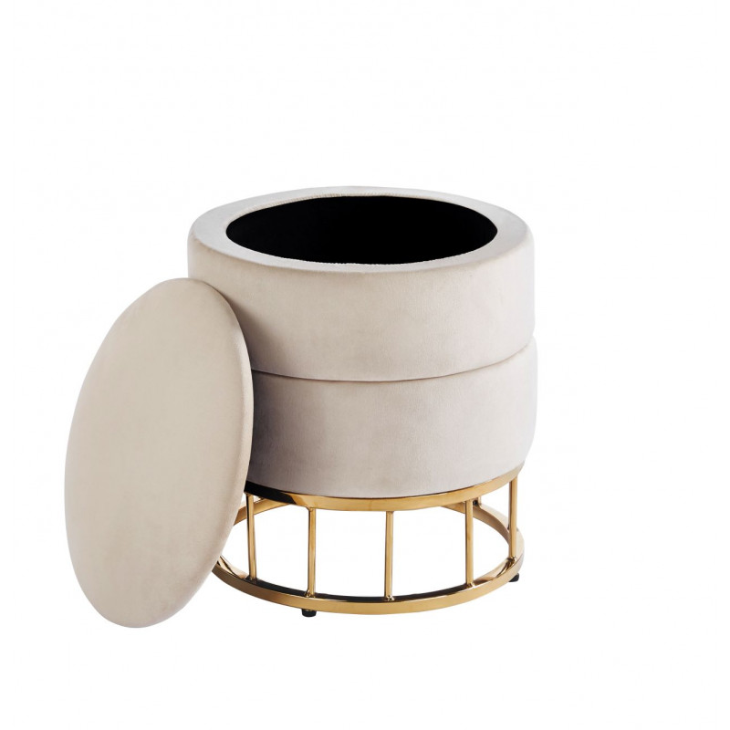 Pouf de rangement Akord – Velours beige & base or mat