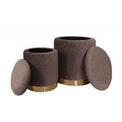 Poufs gigognes de rangement Calipso (lot de 2) – Velours gris taupe & base dorée