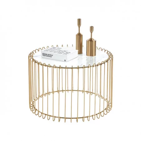 Table basse marbre blanc doré – Plateau verre & pied or