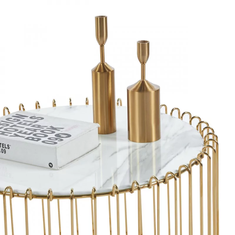 Table basse marbre blanc doré – Plateau verre & pied or