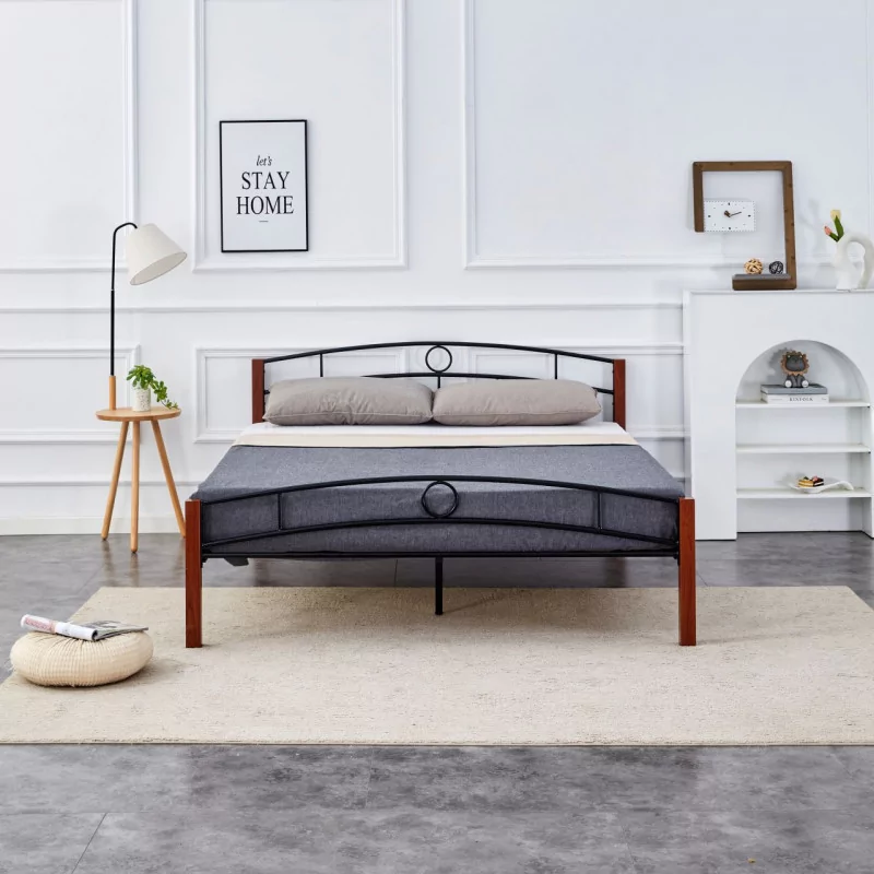 Lit en métal 160x200 noir et bois – structure design robuste | Golddeco