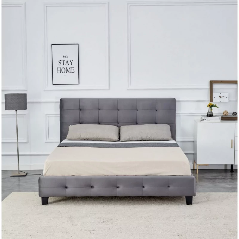Lit rembourré 160x200 en velours gris – tête de lit capitonnée design | Golddeco