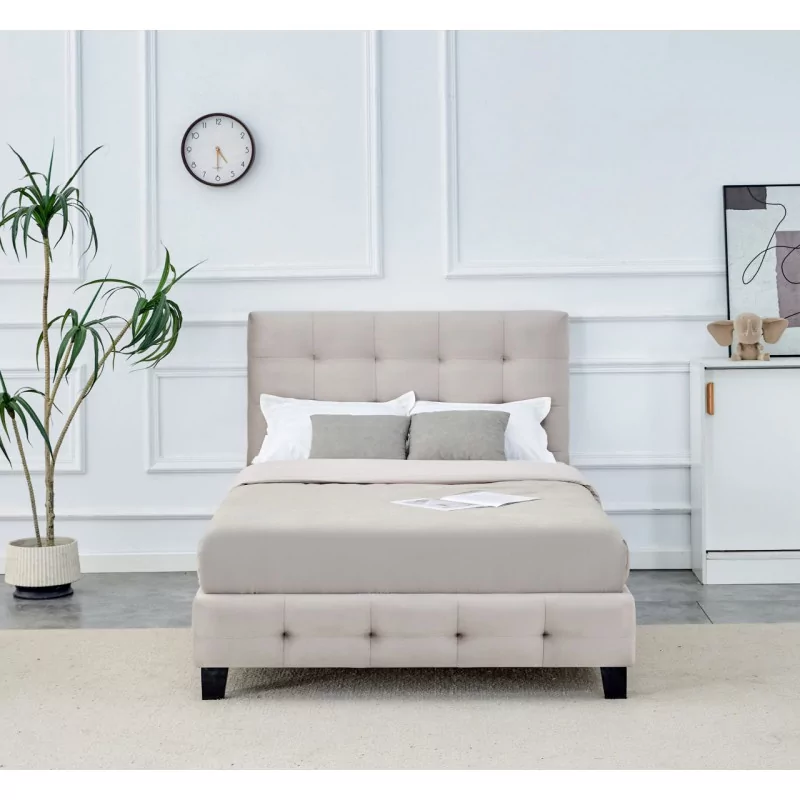 Lit capitonné 120x200 en velours beige – tête de lit rembourrée élégante | Golddeco