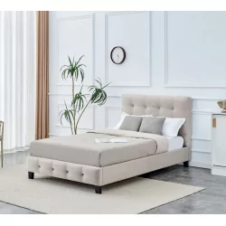 Lit capitonné 120x200 en velours beige – tête de lit rembourrée élégante | Golddeco