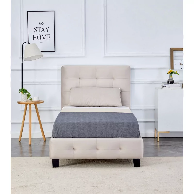 Lit capitonné 90x200 en velours beige – design raffiné et confort absolu | Golddeco