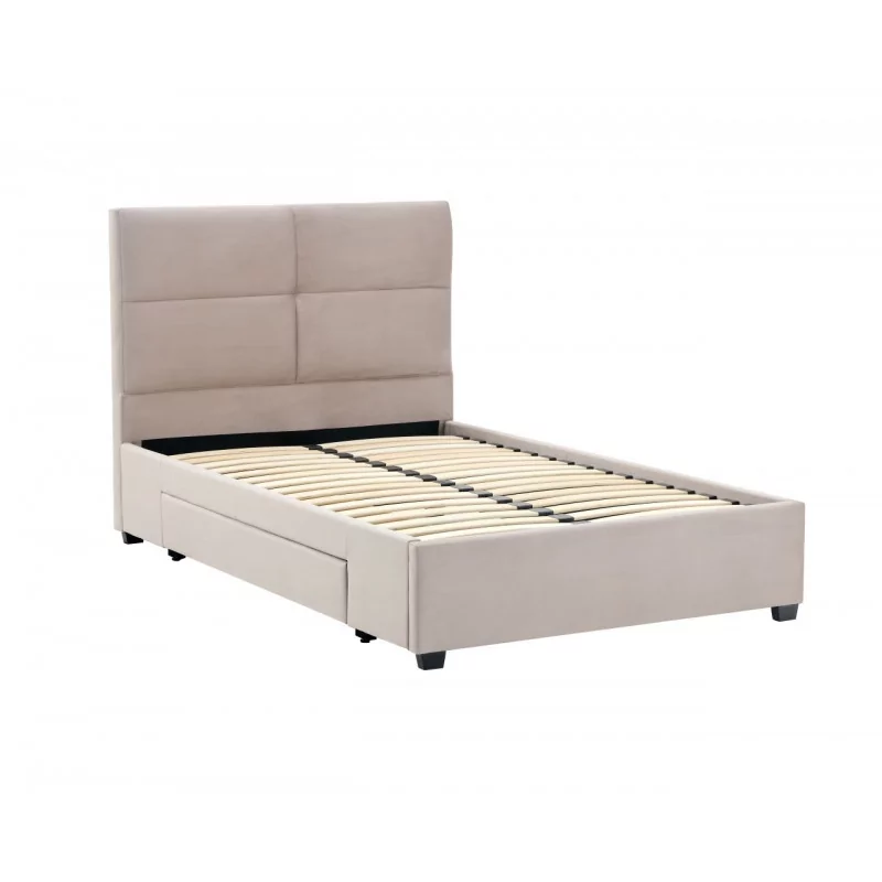 Lit capitonné 120x200 en velours beige – design élégant avec tiroir de rangement | Golddeco