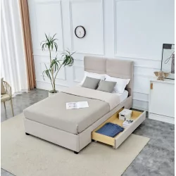 Lit capitonné 120x200 en velours beige – design élégant avec tiroir de rangement | Golddeco