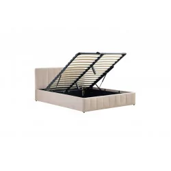 Lit capitonné 160x200 en velours beige – coffre de rangement à vérins | Golddeco