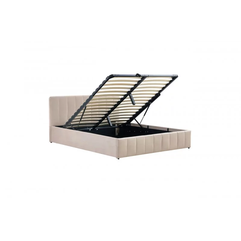 Lit capitonné 160x200 en velours beige – coffre de rangement à vérins | Golddeco