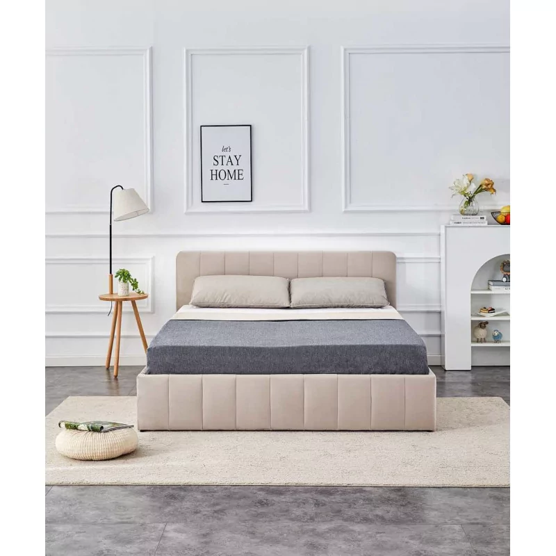 Lit capitonné 160x200 en velours beige – coffre de rangement à vérins | Golddeco