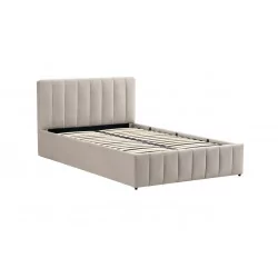 Lit capitonné 120x200 en velours beige avec coffre de rangement – ouverture assistée par vérins