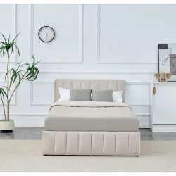 Lit capitonné 120x200 en velours beige – coffre de rangement intégré | Golddeco