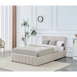Lit capitonné 120x200 en velours beige – coffre de rangement intégré | Golddeco