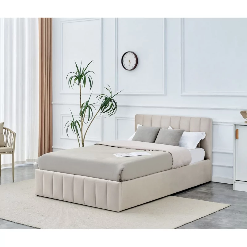 Lit capitonné 120x200 en velours beige – coffre de rangement intégré | Golddeco