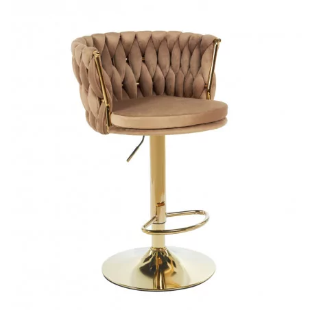 Tabouret de bar MAEVA en velours cappuccino structure dorée brillante | Style cocon chic Golddeco