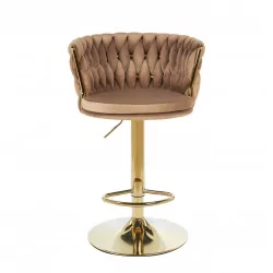 Tabouret de bar MAEVA en velours cappuccino structure dorée brillante | Style cocon chic Golddeco